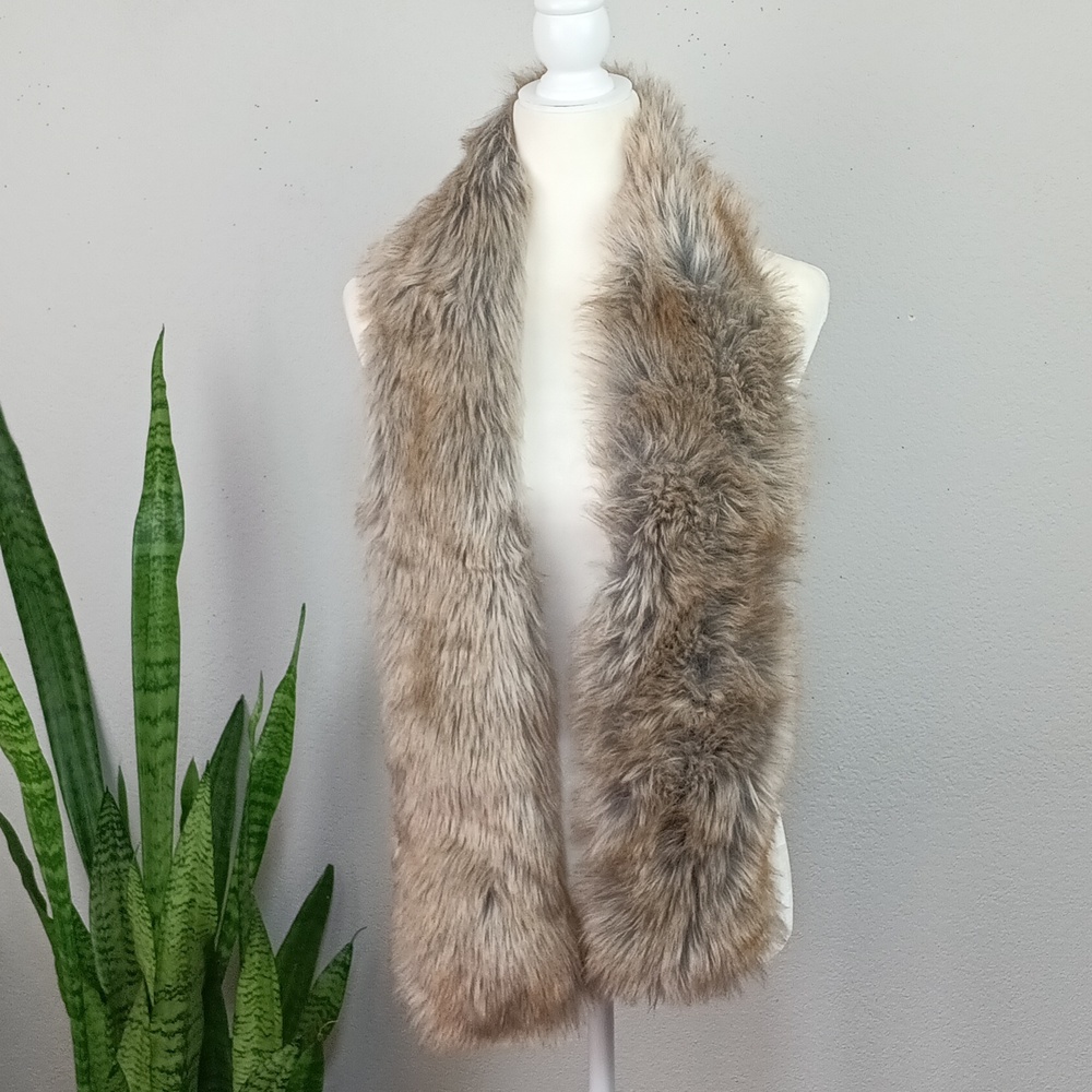 Faux Fur Scarf in Tan Gray And Cream  Glam Retro Neutral